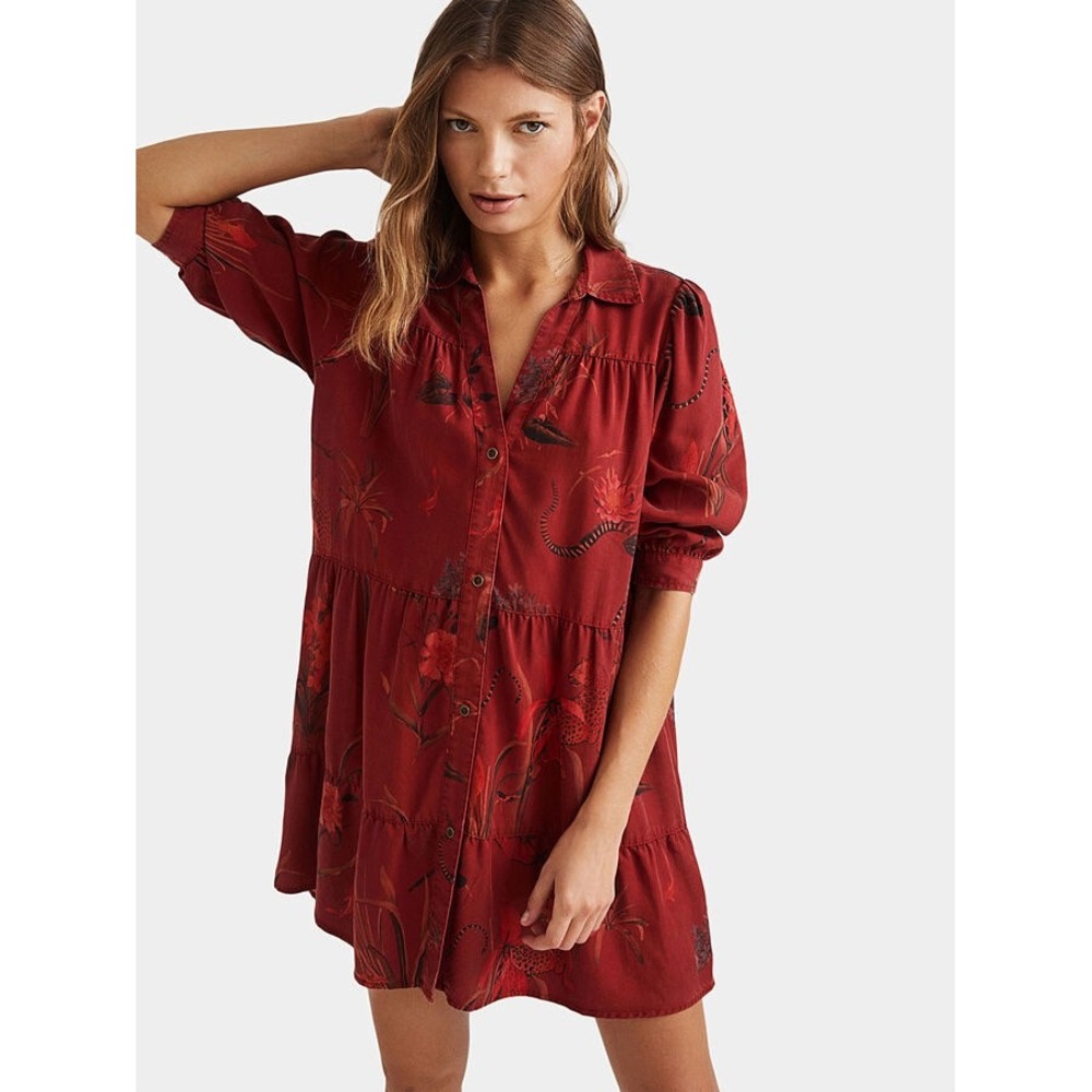Desigual‎ Women's Sevilla Red Animal Motifs Print Button Down Shirt Dress Small